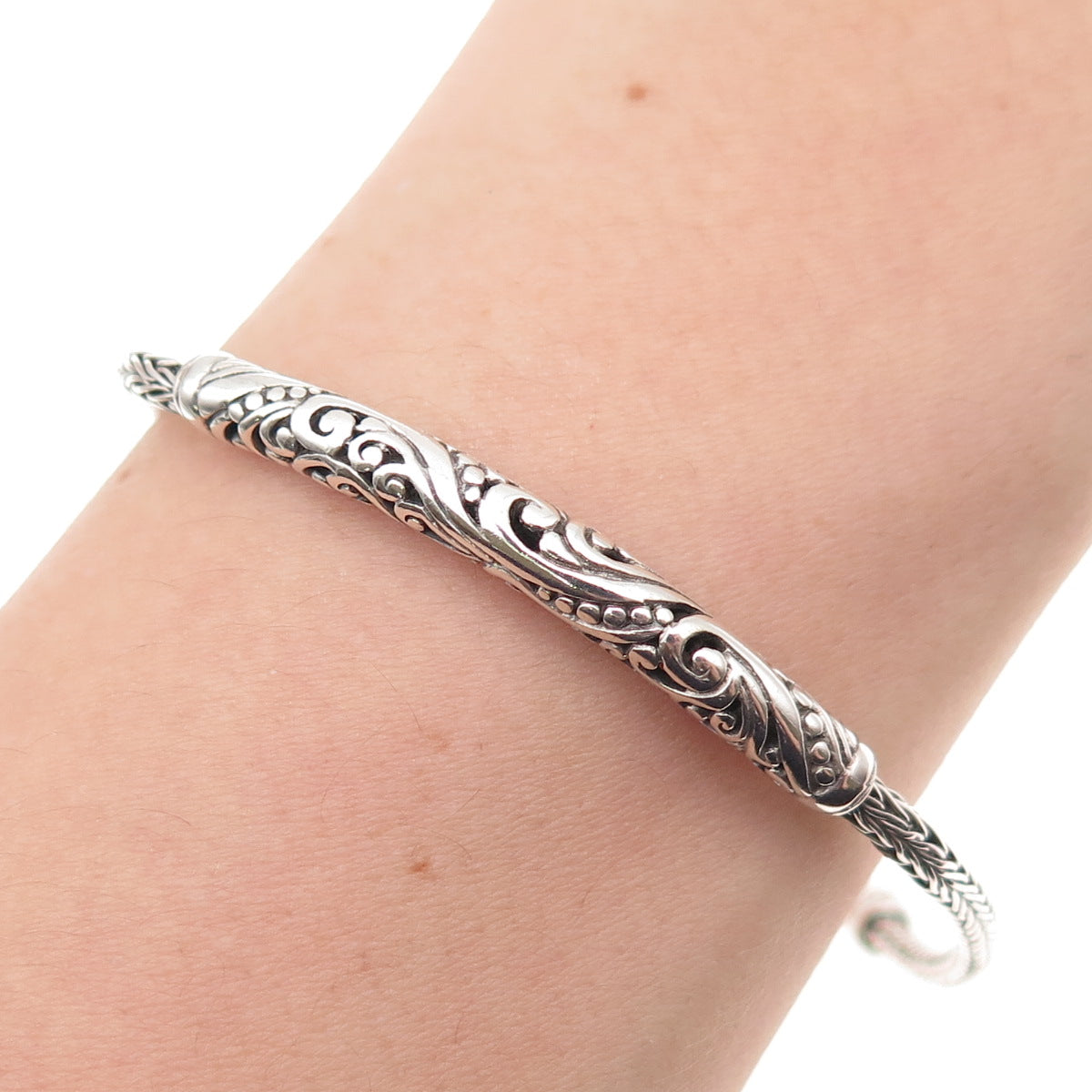 ATI Annika Witt 925 Sterling Silver Vintage Floral Bar Spiga Link Bracelet 7.25"