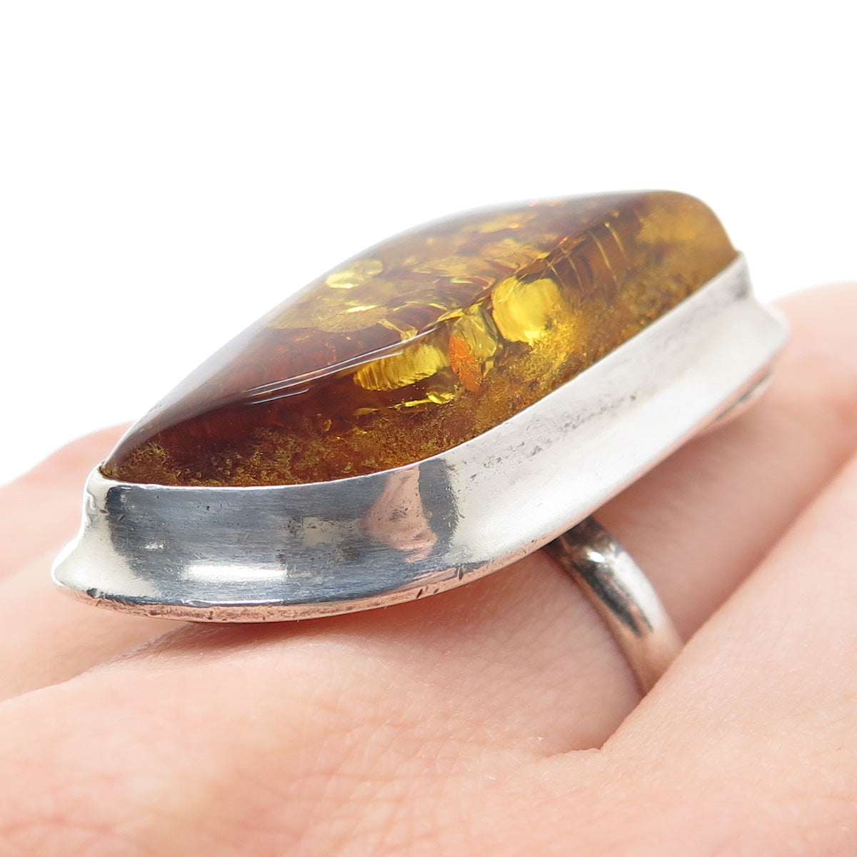 925 Sterling Silver Vintage Poland Real Amber Modernist Ring Size 8.5