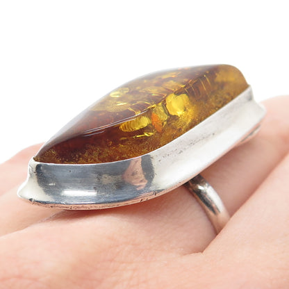 925 Sterling Silver Vintage Poland Real Amber Modernist Ring Size 8.5