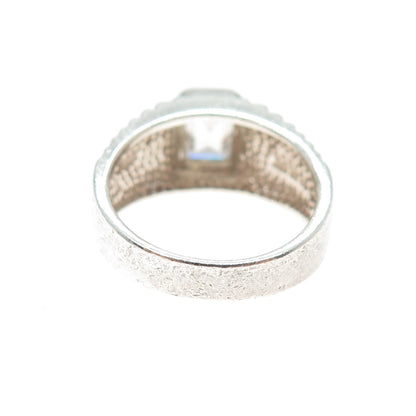 925 Sterling Silver Vintage Emerald-Cut C Z Ribbed Ring Size 8.25