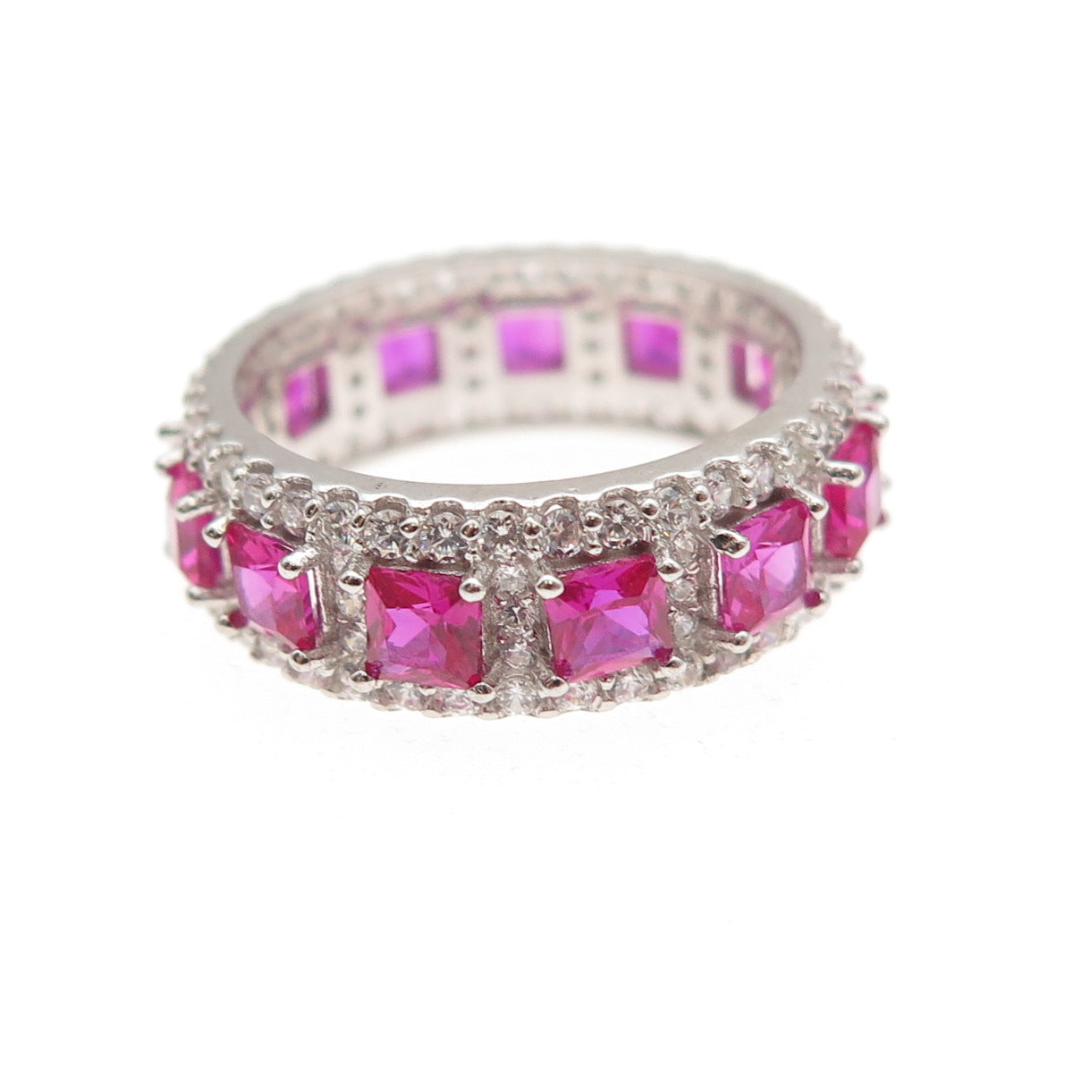 925 Sterling Silver Lab-Created Ruby & C Z Band Ring Size 5.25