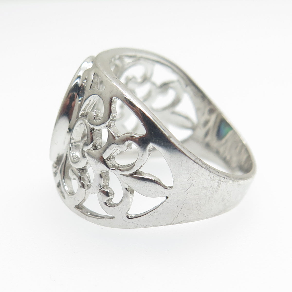 925 Sterling Silver Real Abalone Shell Ornate Ring Size 9.25