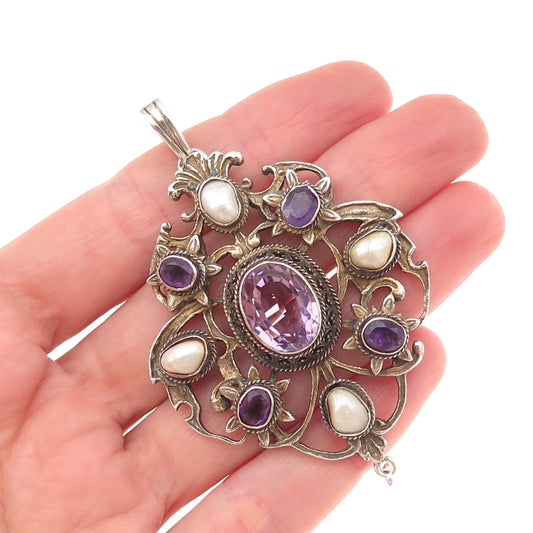 925 Sterling Silver Antique Victorian Real Amethyst & Pearl Oxidized Pendant