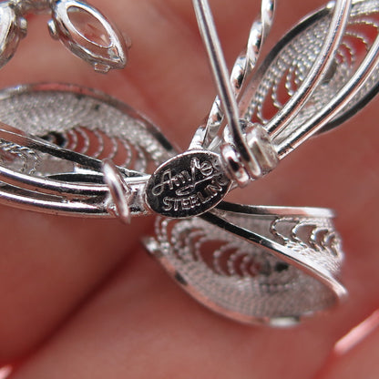 AM LEE Sterling Silver Antique Art Deco Rhinestone Floral Filigree Pin Brooch