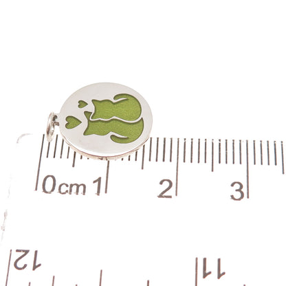 925 Sterling Silver Green Enamel Cat Couple Heart Charm Pendant