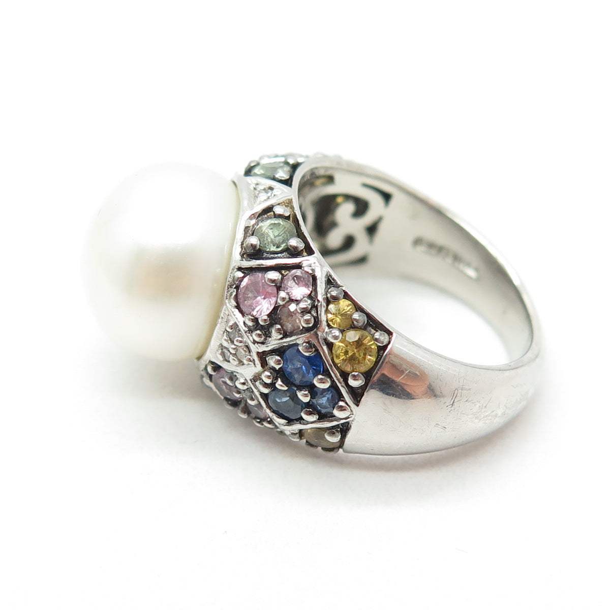 925 Sterling Silver Real Diamond Multi-Color Sapphire & Pearl Ring Size 6