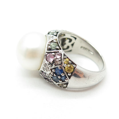 925 Sterling Silver Real Diamond Multi-Color Sapphire & Pearl Ring Size 6