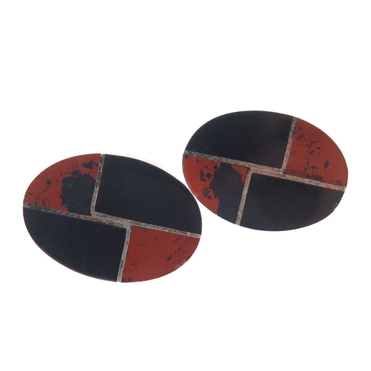 925 Sterling Silver Vintage Mexico Real Red Jasper Black Onyx Modernist Earrings