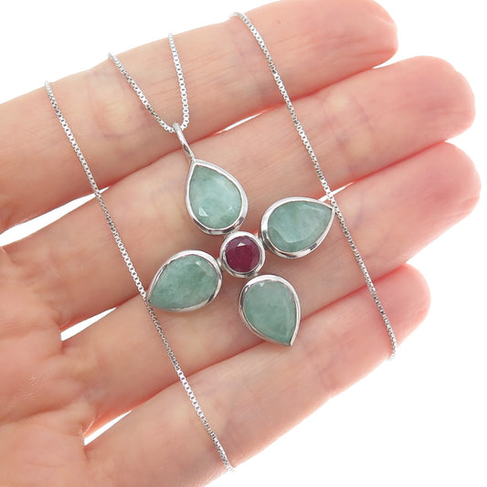 925 Sterling Silver Real Emerald & Ruby Flower Cross Box Chain Necklace 16"