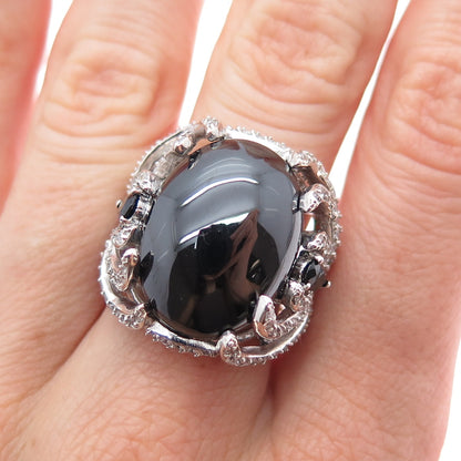 925 Sterling Silver Real Hematite & C Z Floral Ring Size 7.25