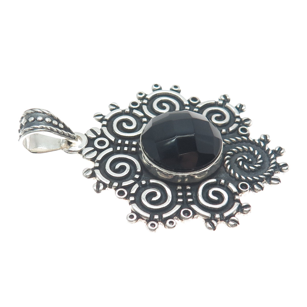 925 Sterling Silver Vintage Mexico Real Black Spinel Spiral Oxidized Pendant