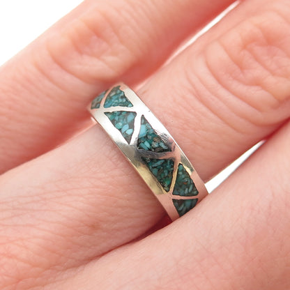 Old Pawn 925 Sterling Silver Vintage Turquoise Inlay Tribal Band Ring Size 6.25