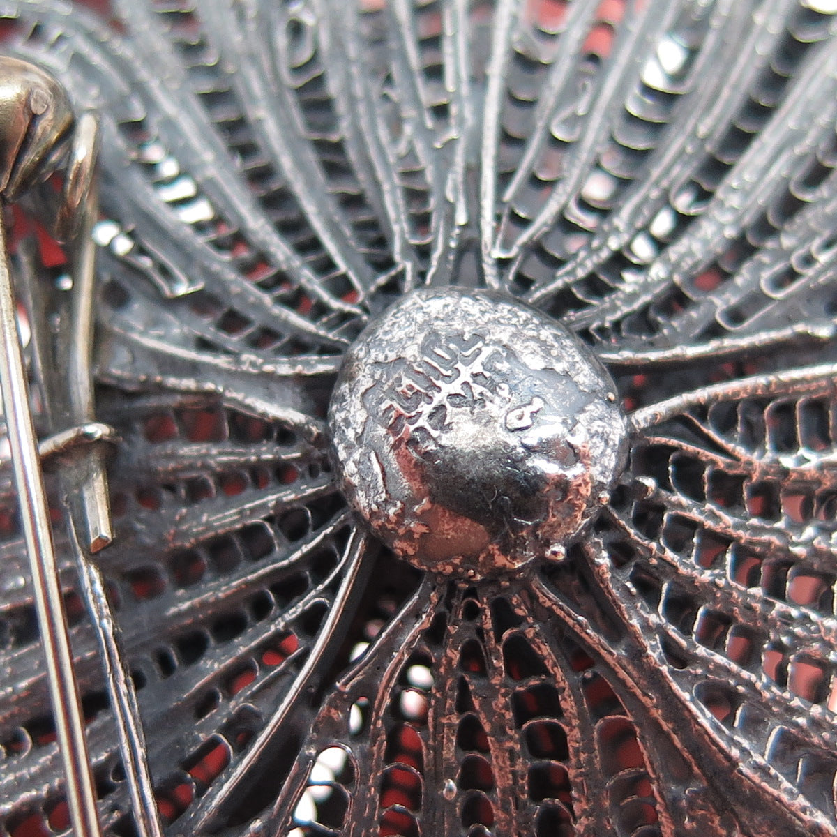925 Sterling Silver Vintage Mexico Flower Filigree Oxidized Pin Brooch