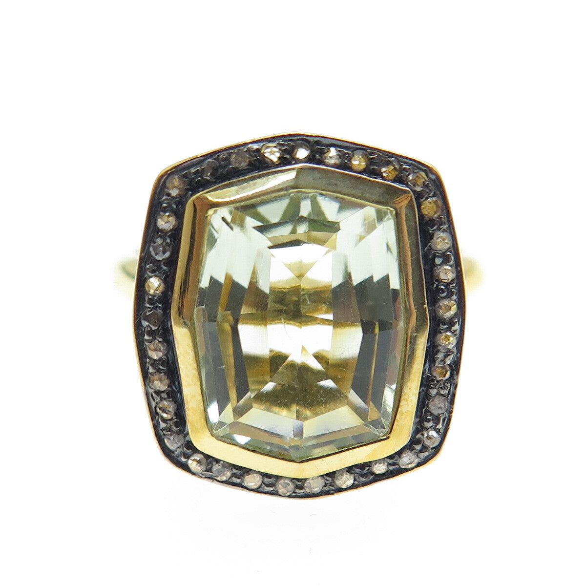 925 Sterling Silver Gold Plated White Diamond & Blue Topaz Gem Ring Size 8.75