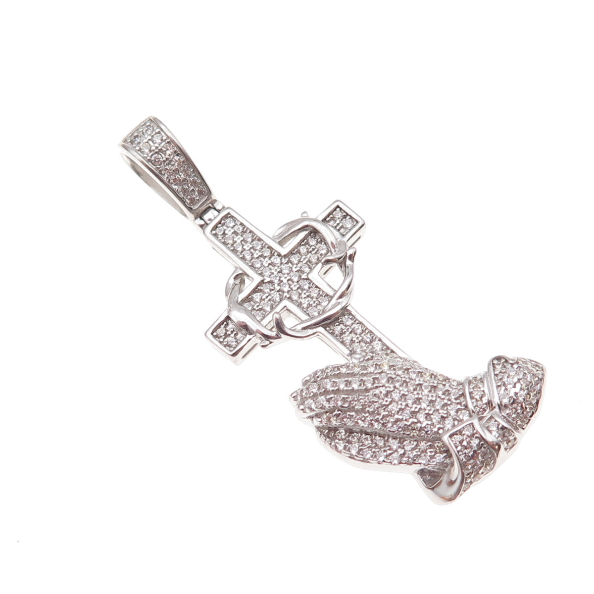 925 Sterling Silver Round-Cut C Z Prayer Hands Cross Pendant
