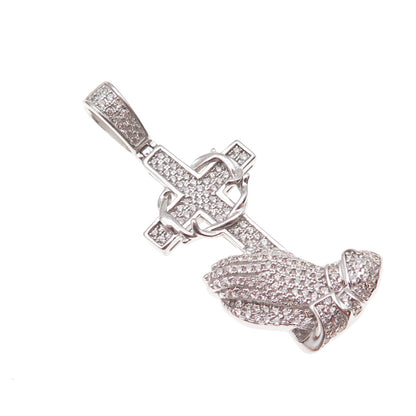 925 Sterling Silver Round-Cut C Z Prayer Hands Cross Pendant