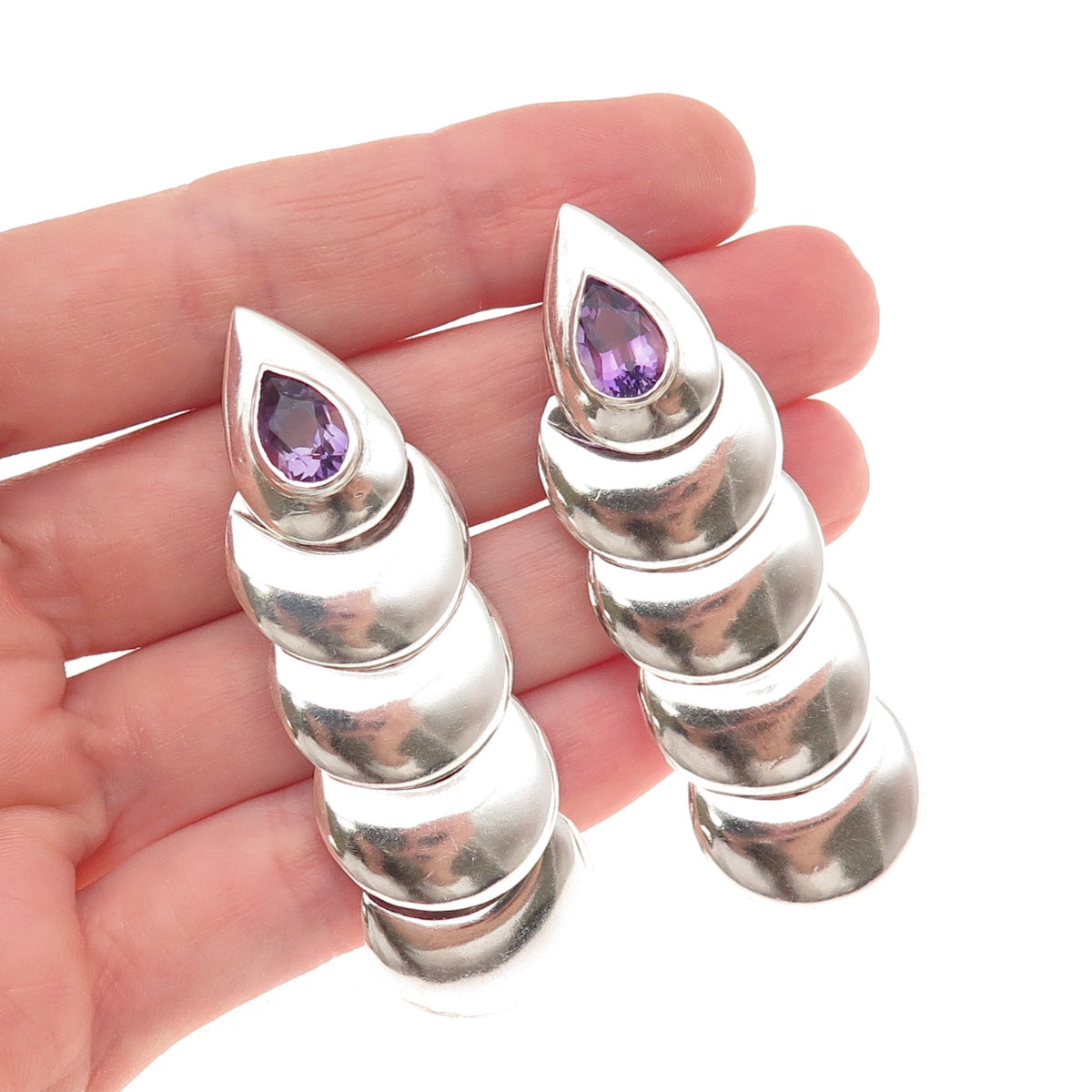 925 Sterling Silver Vintage Real Amethyst Modernist Oxidized Dangle Earrings