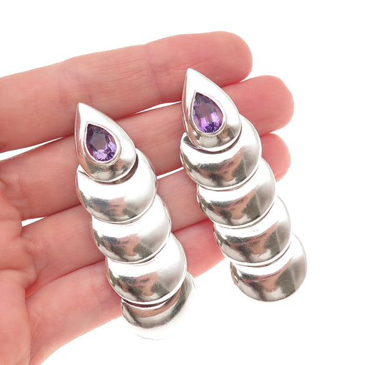 925 Sterling Silver Vintage Real Amethyst Modernist Oxidized Dangle Earrings