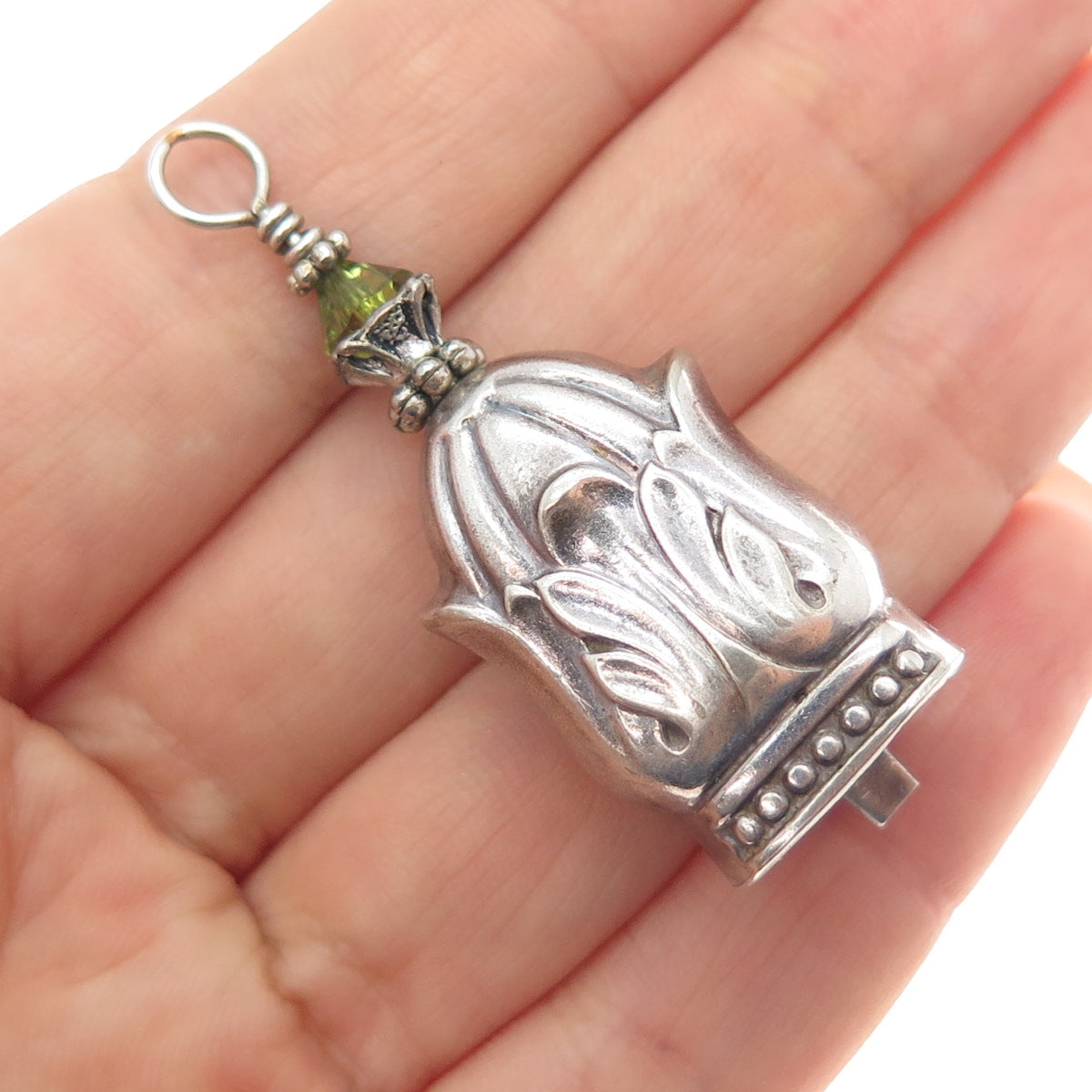 925 Sterling Silver Vintage Green Crystal Floral Bell Oxidized Charm Pendant