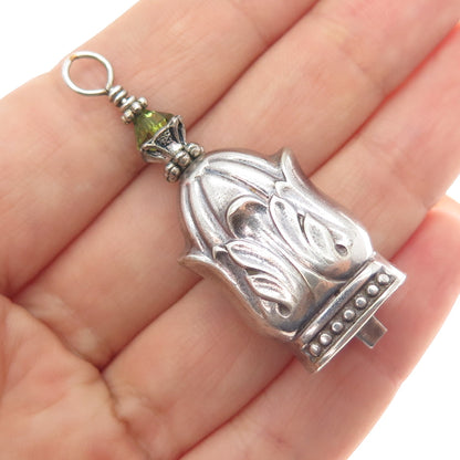 925 Sterling Silver Vintage Green Crystal Floral Bell Oxidized Charm Pendant