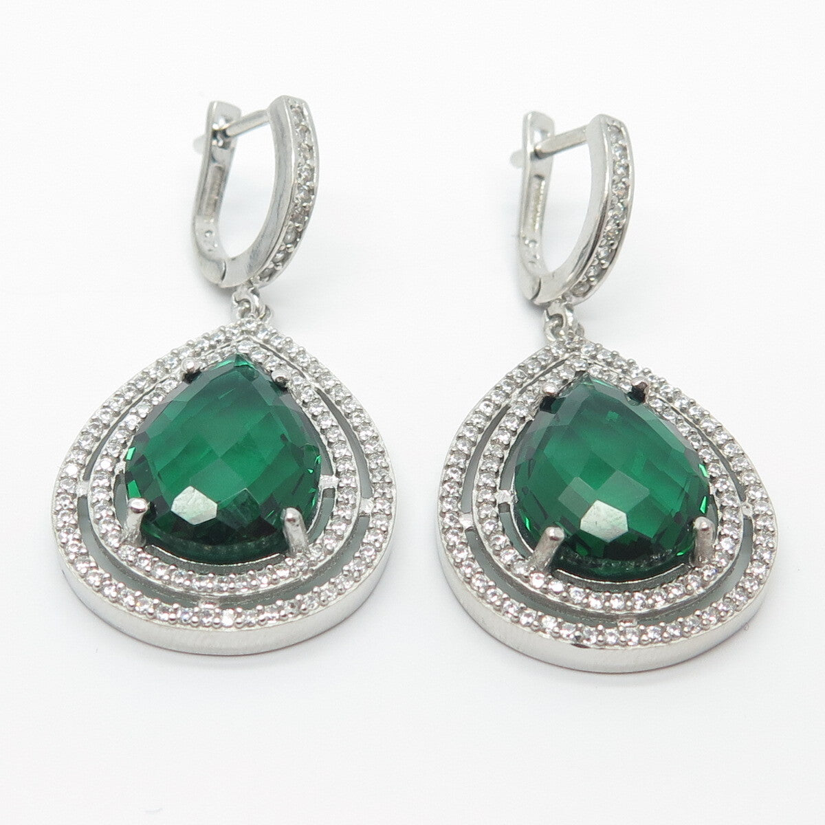 925 Sterling Silver White & Green C Z Dangling Earrings