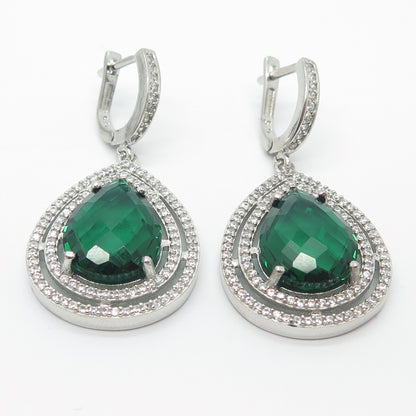925 Sterling Silver White & Green C Z Dangling Earrings
