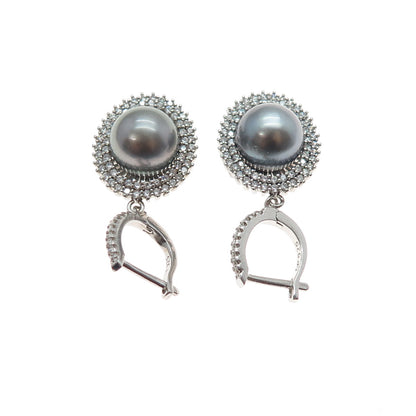 925 Sterling Silver Real Tahitian Pearl & C Z Dangle Earrings