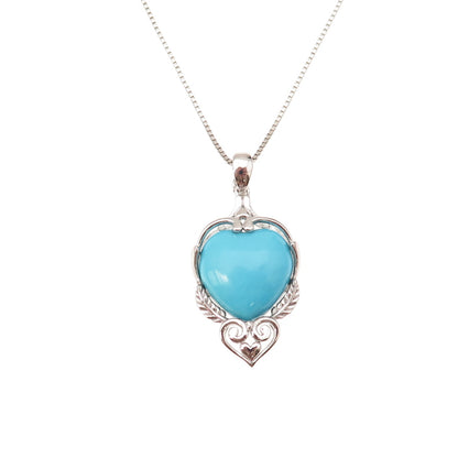 925 Sterling Silver Real Sleeping Beauty Turquoise Heart Chain Necklace 18-20"