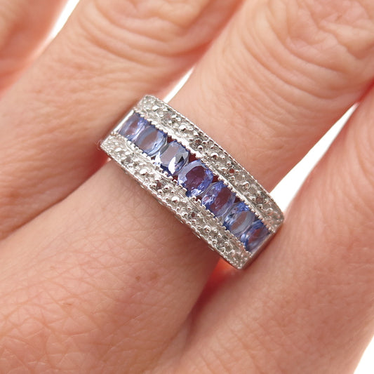 925 Sterling Silver Real Oval-Cut Tanzanite & Round-Cut White Topaz Ring Size 8