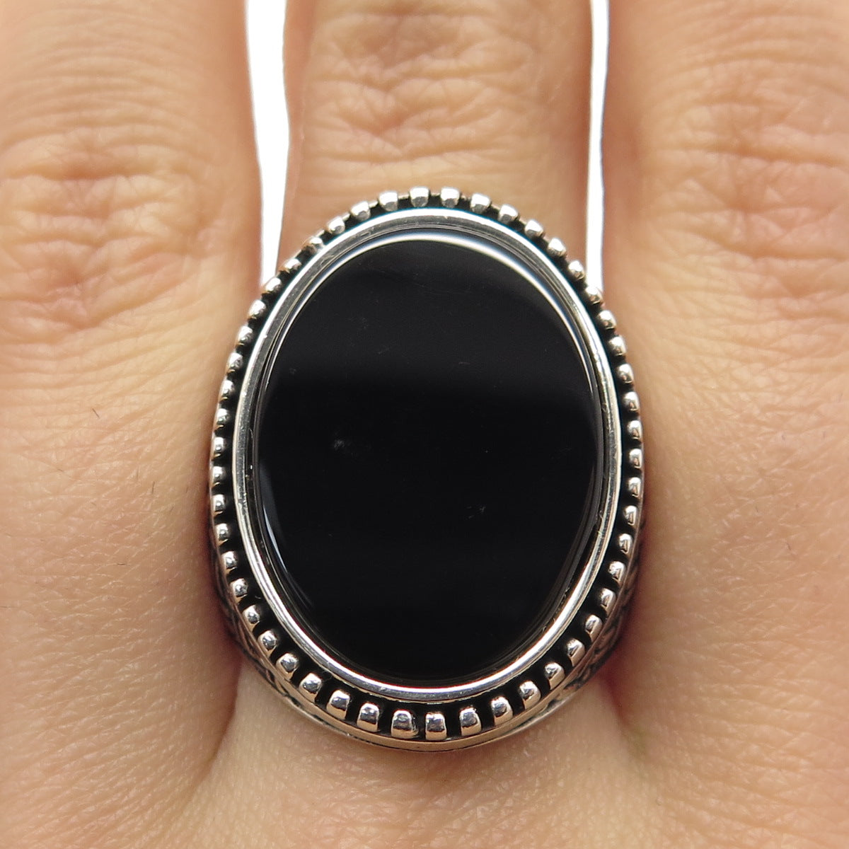 925 Sterling Silver Vintage Real Black Onyx Granulated Oxidized Ring Size 8