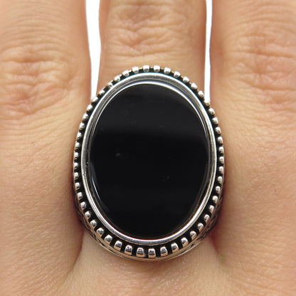 925 Sterling Silver Vintage Real Black Onyx Granulated Oxidized Ring Size 8