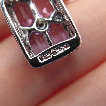 925 Sterling Silver Real Emerald-Cut Amethyst & C Z Box Chain Necklace 18"