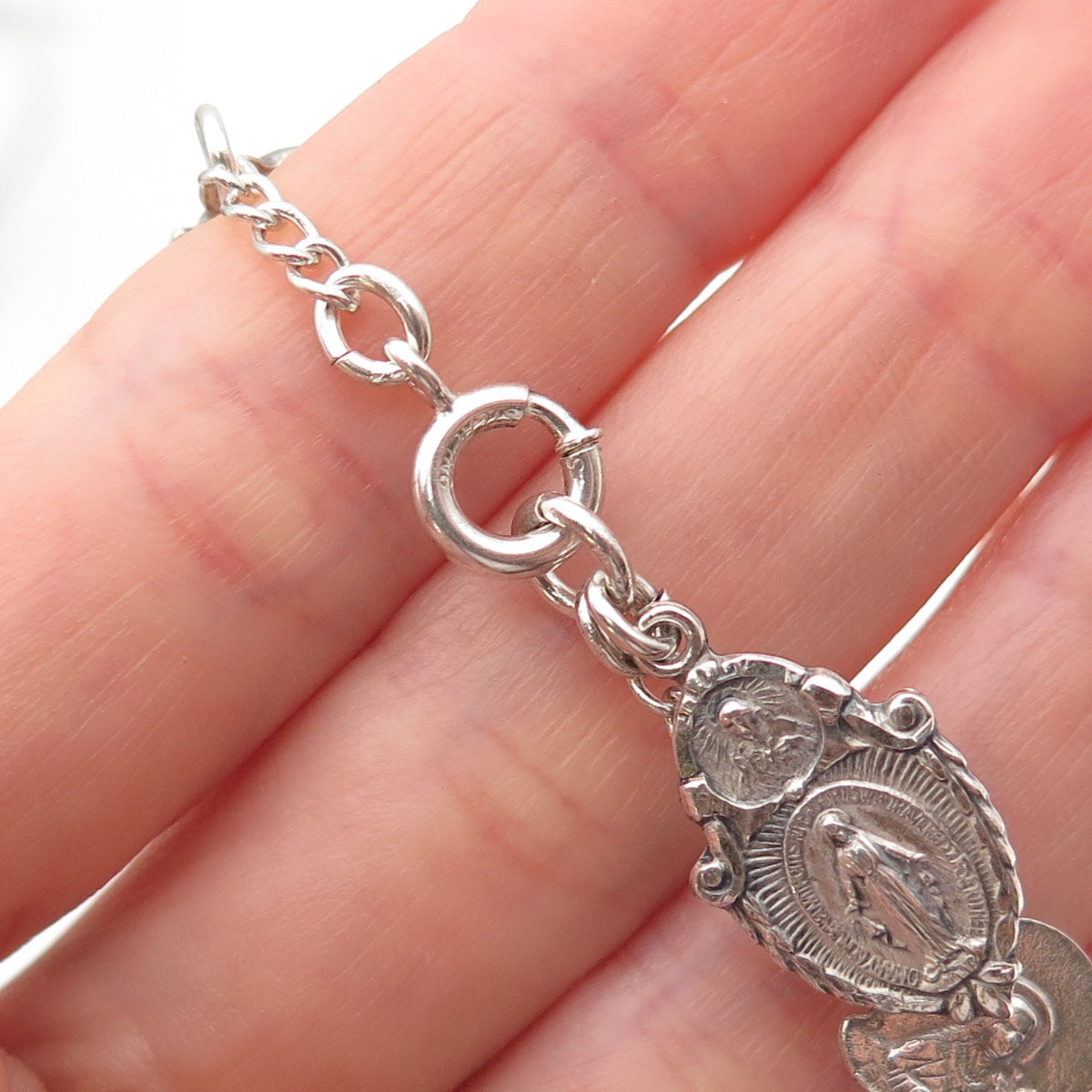 HMH Religious 925 Sterling Silver Antique Art Deco Saint Rosary Bracelet 7.5"