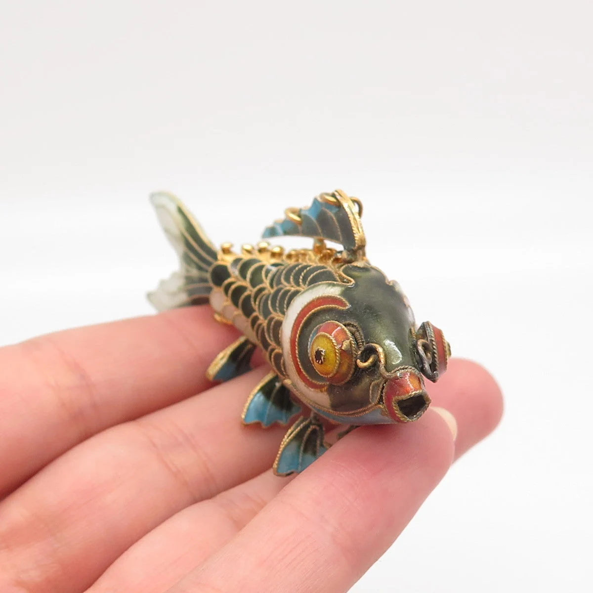 925 Sterling Silver Gold Plated Antique Enamel Chinese Chatelaine Koi Fish Fob