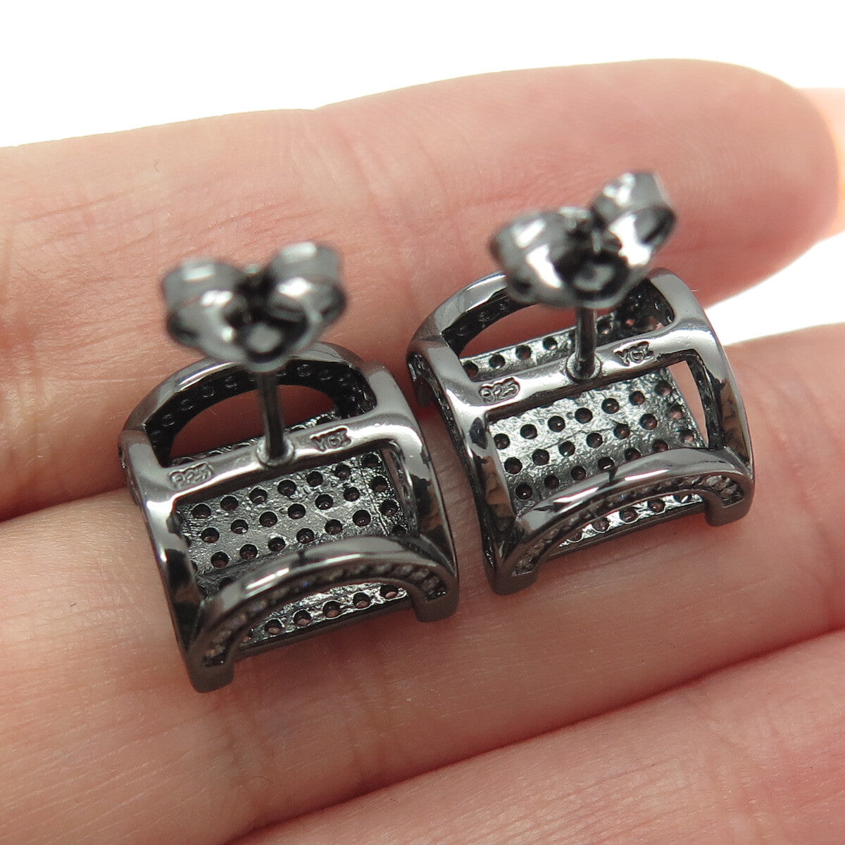 925 Sterling Silver Round-Cut C Z Black Rhodium Stud Earrings