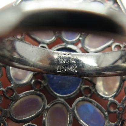 DSMK 925 Sterling Moonstone Tanzanite Topaz Gem Oxidized Statement Ring Size 7