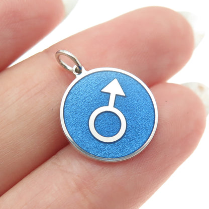 925 Sterling Silver Blue Enamel Male Symbol Round Tag Minimalist Charm Pendant