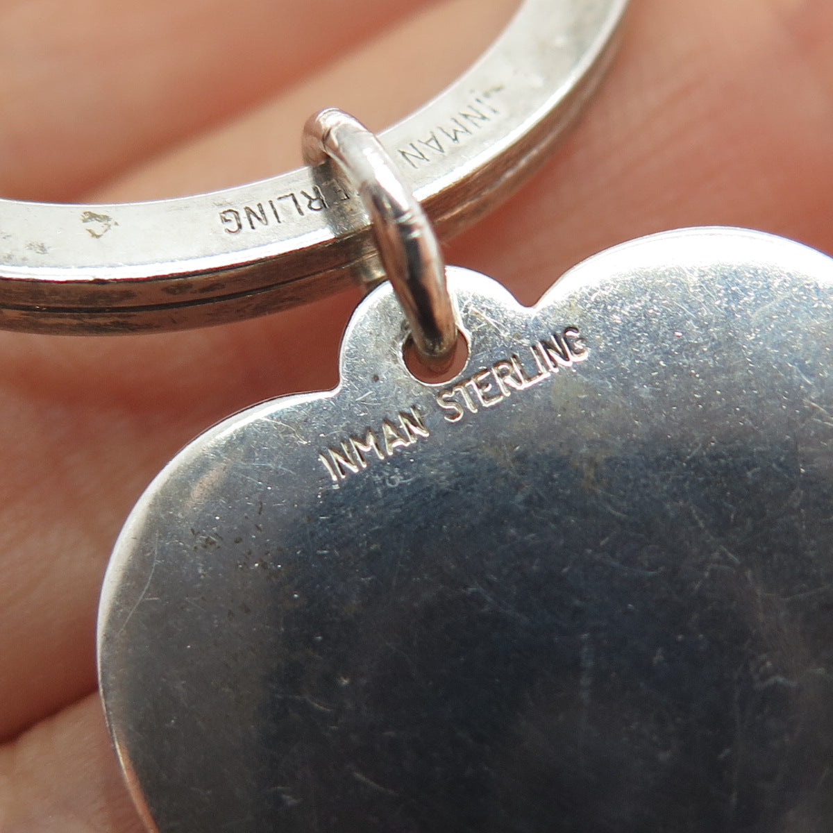 J.T. INMAN 925 Sterling Silver Vintage Heart Tag Key Fob Ring