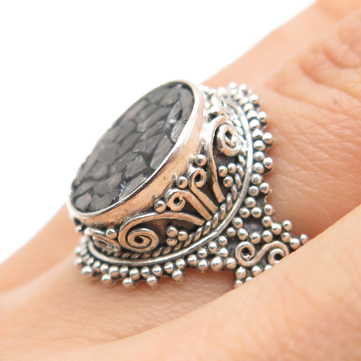 SAMUEL BENHAM Sterling Silver Vintage Real Diamond Inlay Granulated Ring Size 6