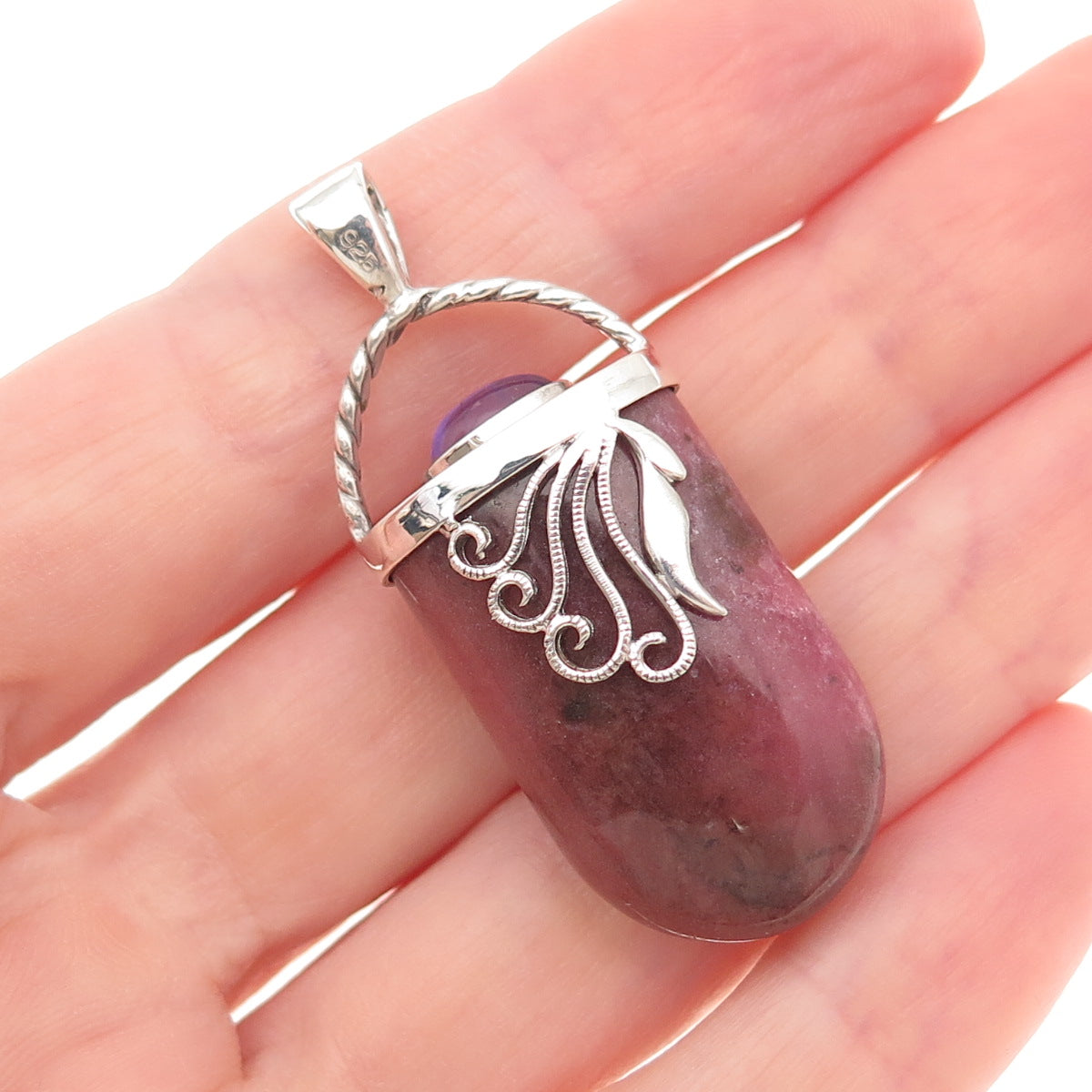 925 Sterling Silver Vintage Real Rhodonite & Amethyst Floral Charm Pendant