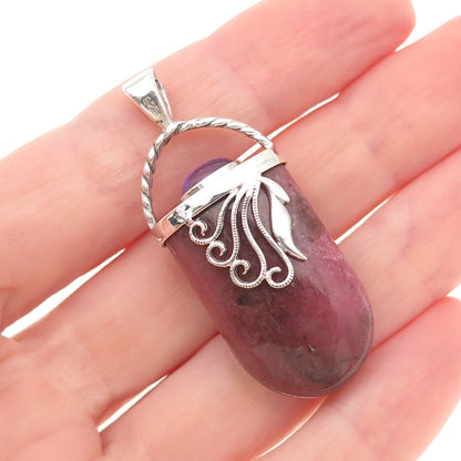 925 Sterling Silver Vintage Real Rhodonite & Amethyst Floral Charm Pendant