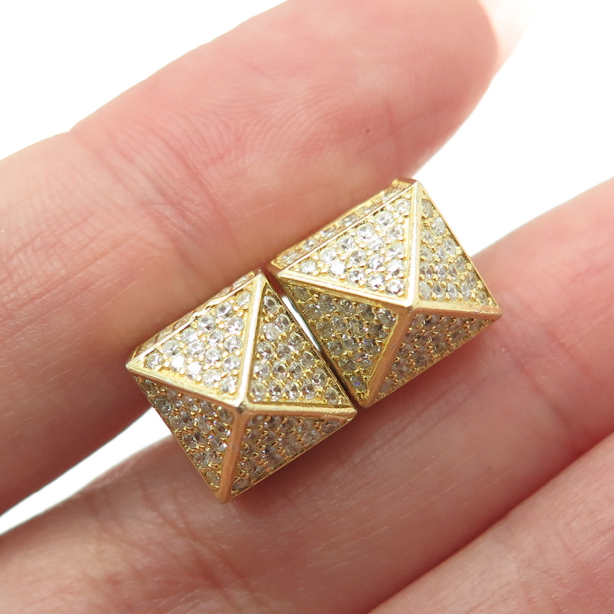 925 Sterling Silver Gold Plated Round-Cut C Z Pyramid Earrings