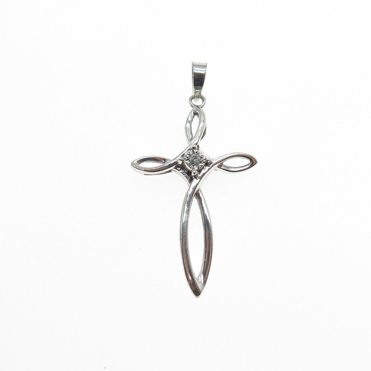 925 Sterling Silver Real Round-Cut Diamond Cross Charm Pendant