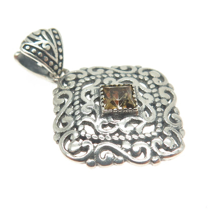 BERIA 925 Sterling Silver Princess-Cut Rhinestone Ornate Square Pendant