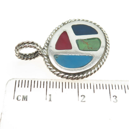 ATI 925 Sterling Silver Vintage Mexico Real Turquoise Gemstone & Enamel Pendant