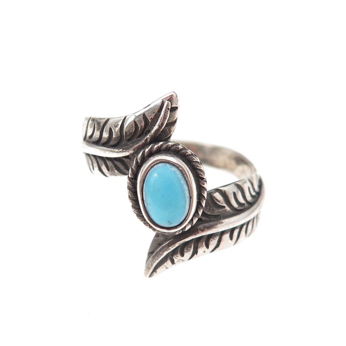 925 Sterling Silver Vintage Real Turquoise Feather Oxidized Ring Size 8.25