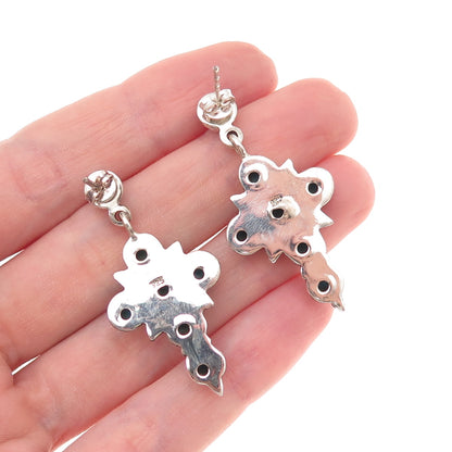 925 Sterling Silver Vintage Real Turquoise Cross Oxidized Dangle Earrings