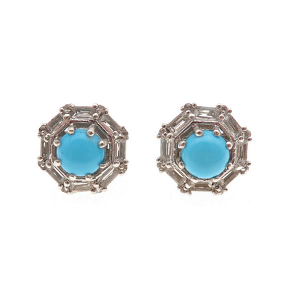 Chuck Clemency 925 Sterling Silver Real Turquoise & White Topaz Stud Earrings