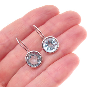 Han 925 Sterling Silver Real Round-Cut Blue Topaz Dangle Earrings