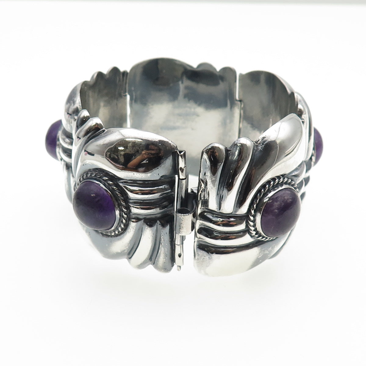 925 Sterling Silver Vintage Real Amethyst Modernist Heavy 106.3g Bracelet 7.5"
